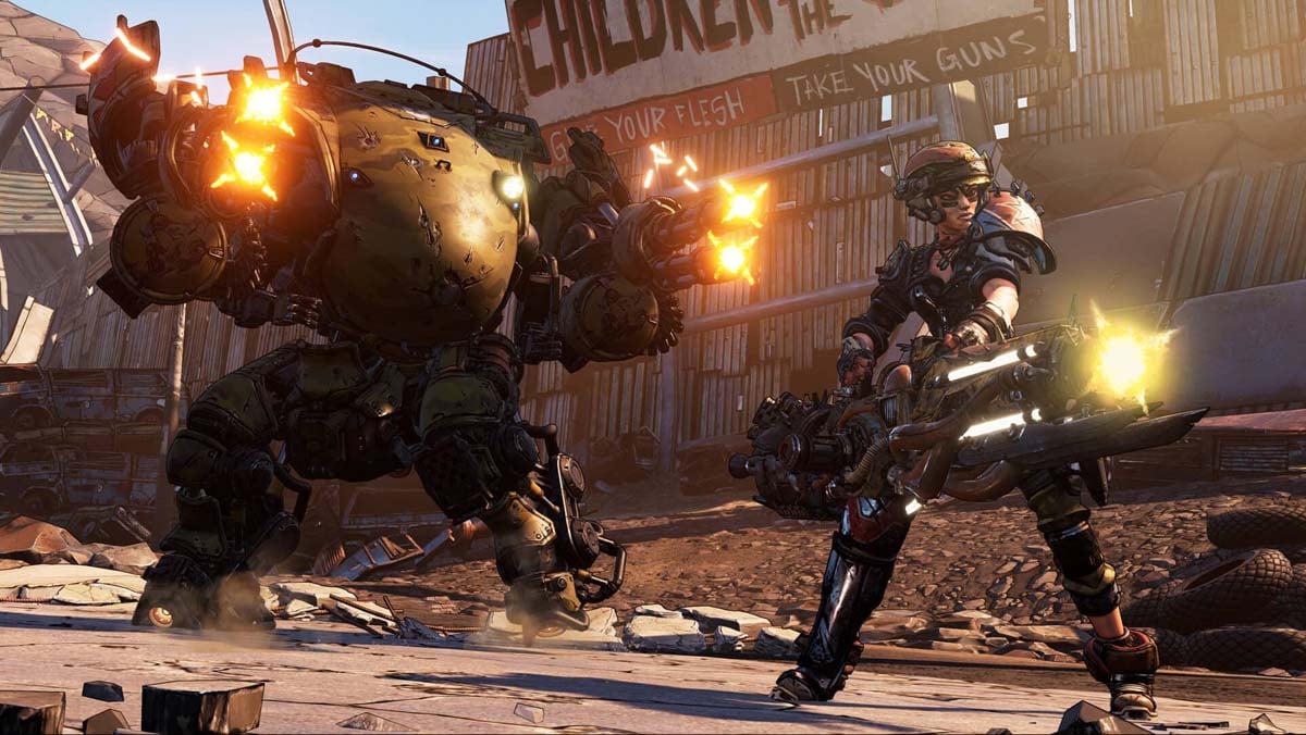 Borderlands 3 Screenshot Showing a Female character shooting a large rail gun and a large mech shooting its attached rail guns behind her