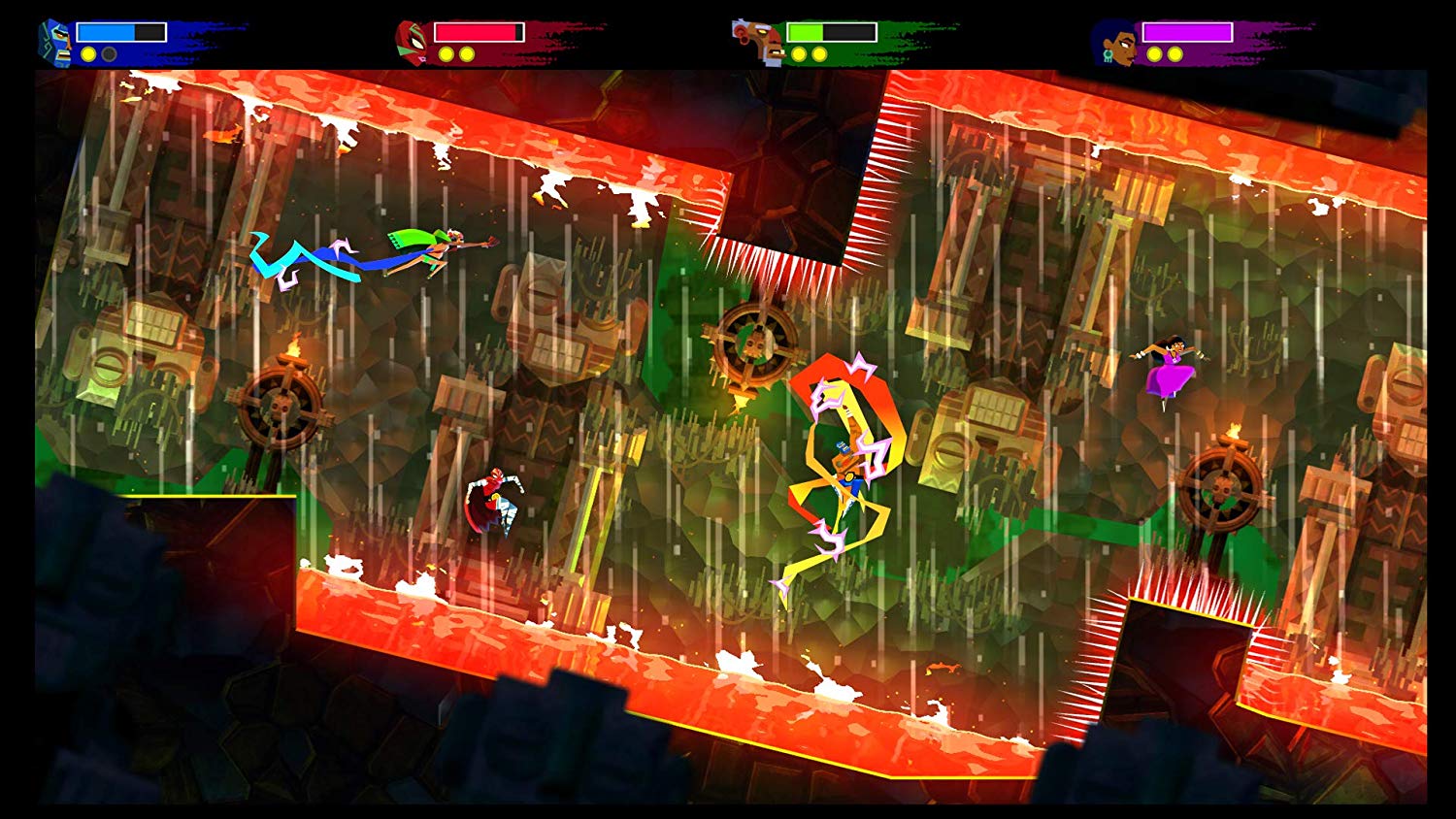 Guacamelee Screenshot of Players Going Through a Level with Orange Water Above and Below