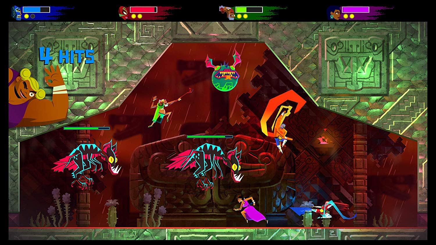 Guacamelee Screenshot of Multiple Players Fighting Flying Chupacabras and a Wrestler giving the ok symbol and text that reads: 4 HITS