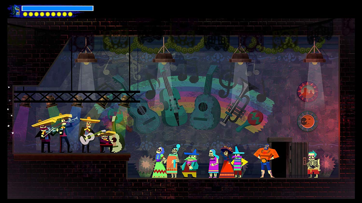 Guacamelee Screenshot Showing a Skeleton Mariachi Band Playing in Front of a Skeleton Crowd and the Main Wrestler Juan