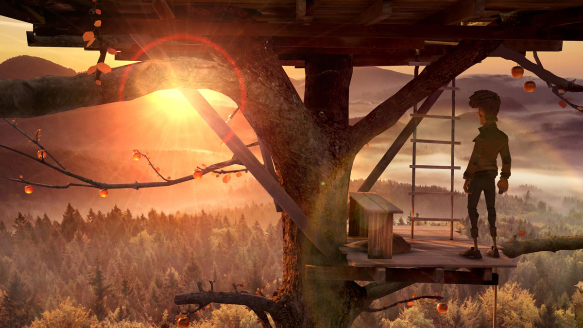Truberbrook screenshot showing the character at the second level of a multi-level treehouse overlooking a forest and mountains with the sun comin gup