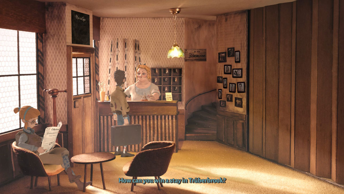 Truberbrook screenshot showing a dialog in a hotel lobby