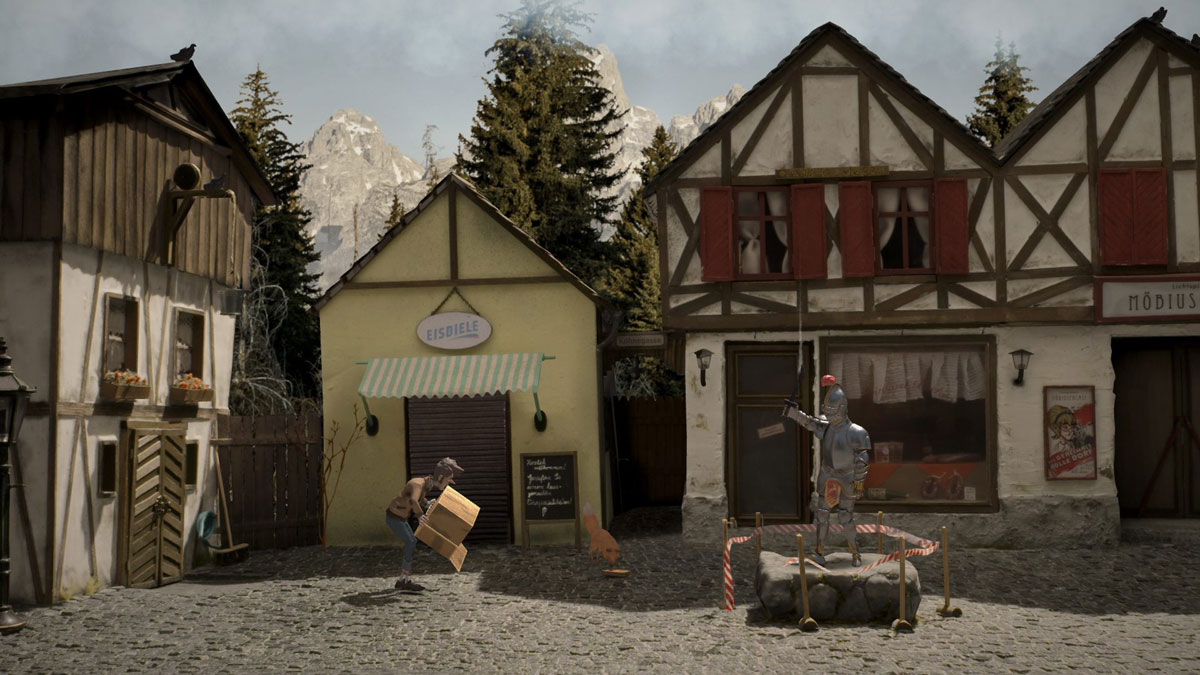 Truberbrook screenshot showing a character outside, picking up a box
