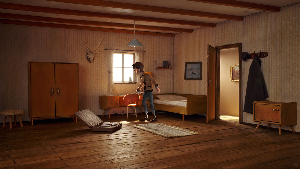 Truberbrook screenshot showing a character searching a hotel room