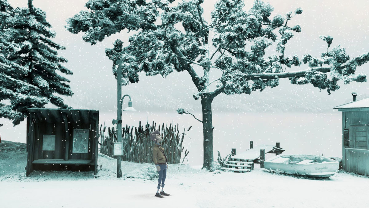 Truberbrook screenshot showing outside next to a snow-covered bus stop