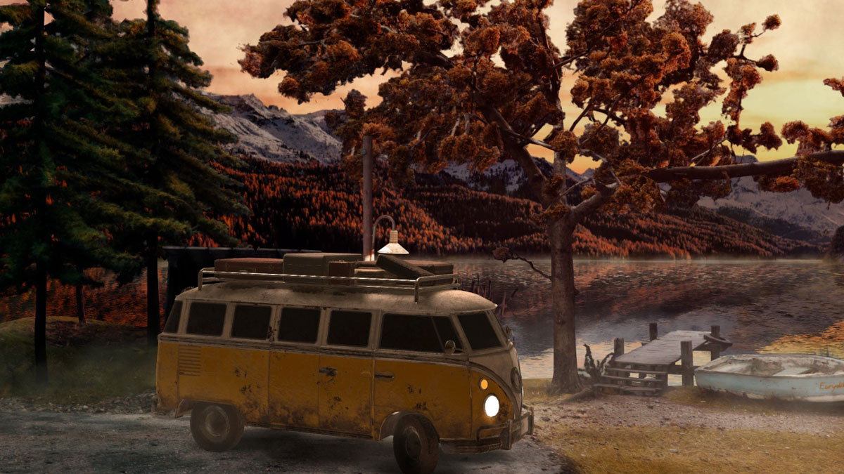 Truberbrook screenshot showing a VW van next to trees, a dock and a lake