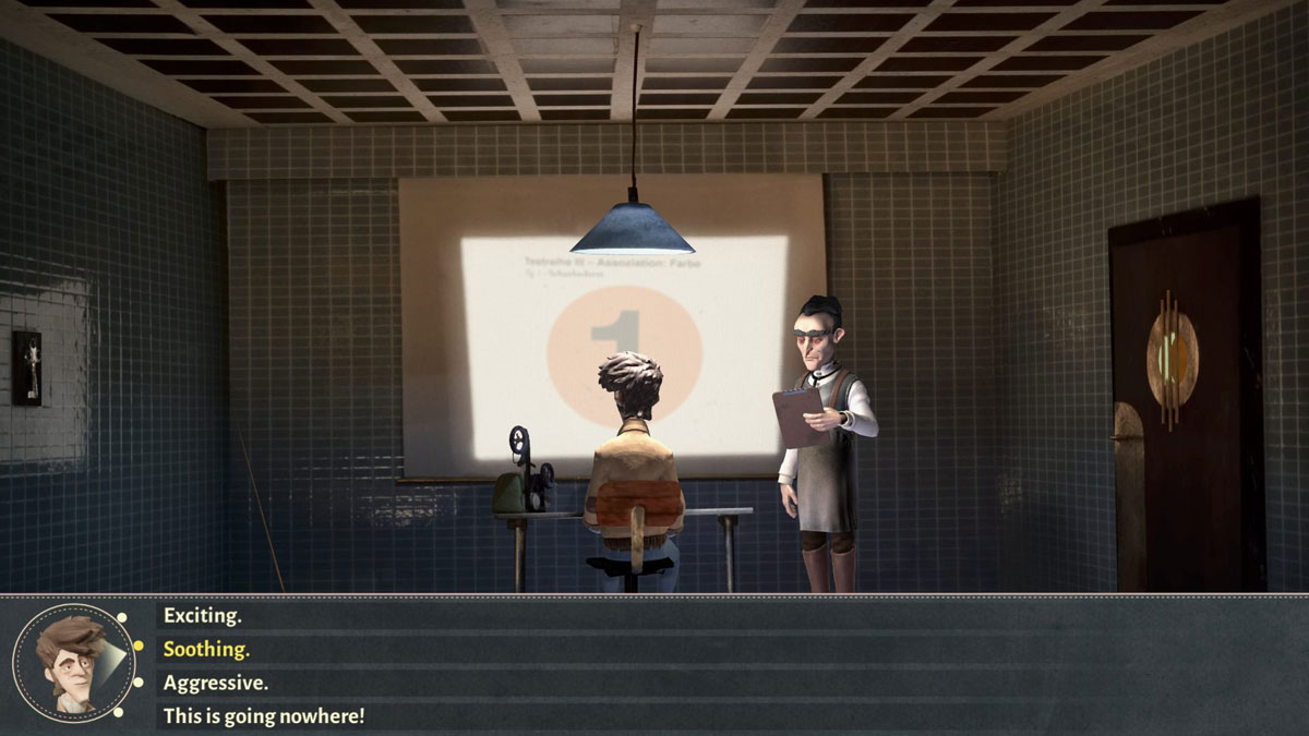 Truberbrook screenshot showing a character taking a psychological text