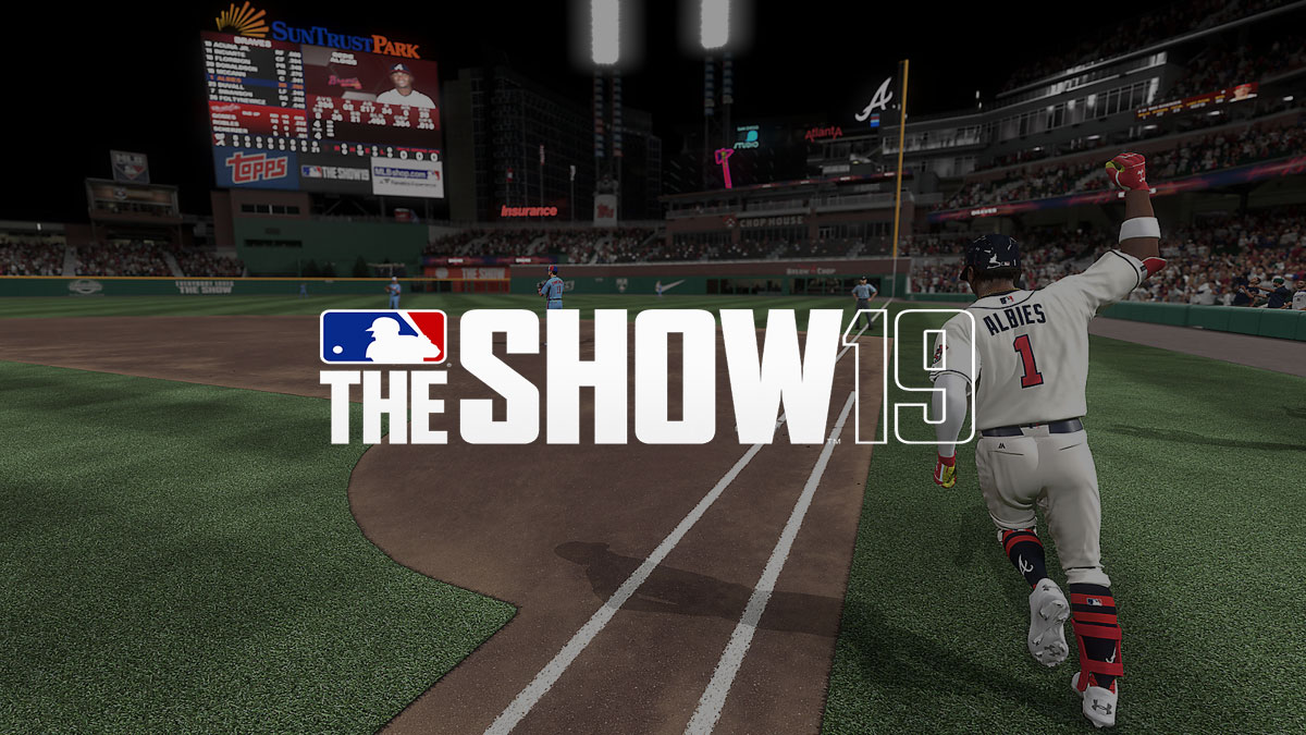 THE SHOW 19 main banner showing Albies scoring a homer and running to 1st base