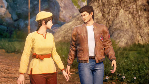 Shenmue 3 Screenshot Showing Ryo walking on a country road with a woman