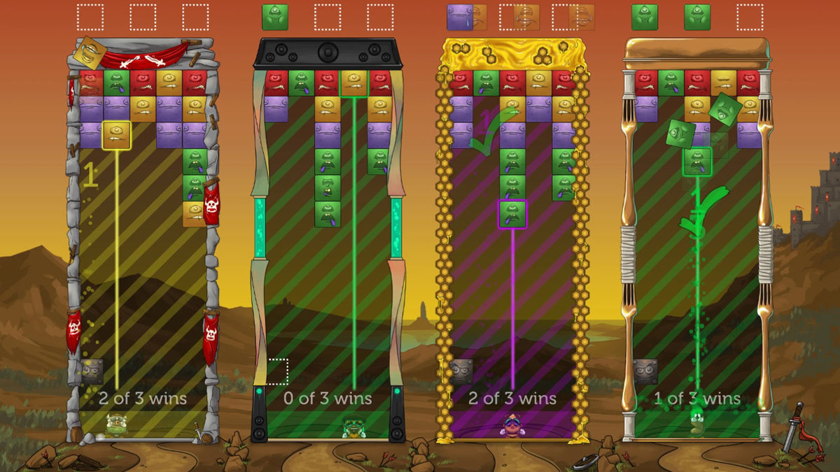 Tumblestone screenshot showing four lanes of play with a canyon by the water