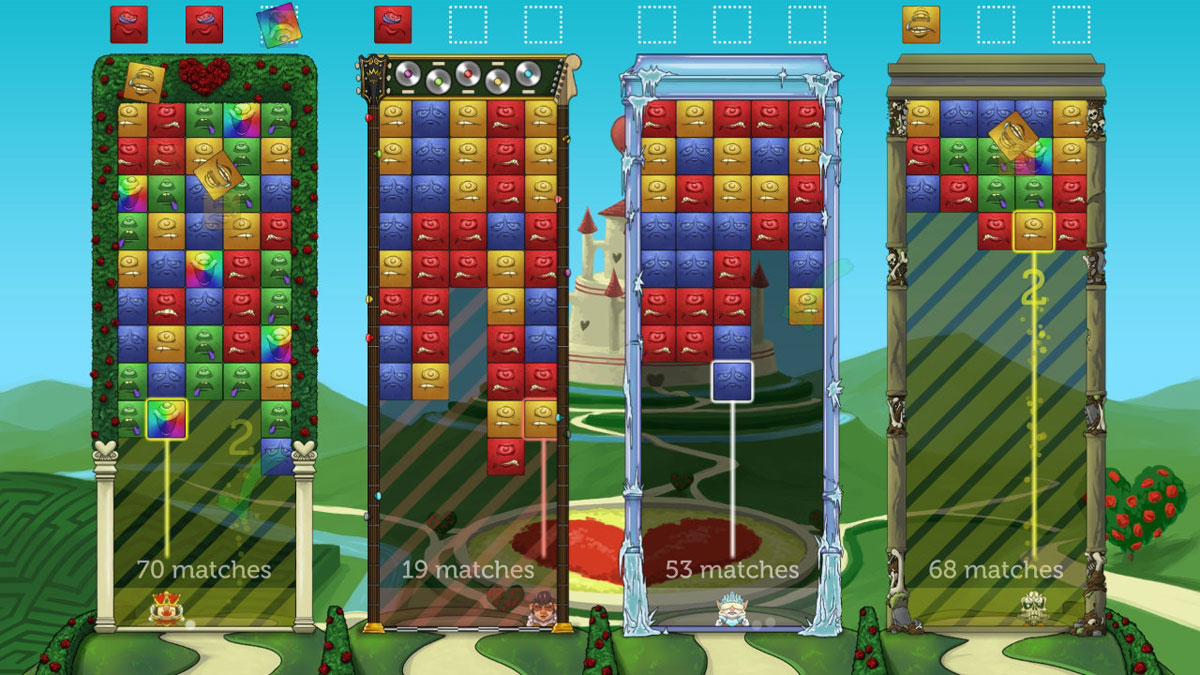 Tumblestone screenshot showing four lanes of play with the kingdom of hearts as the background