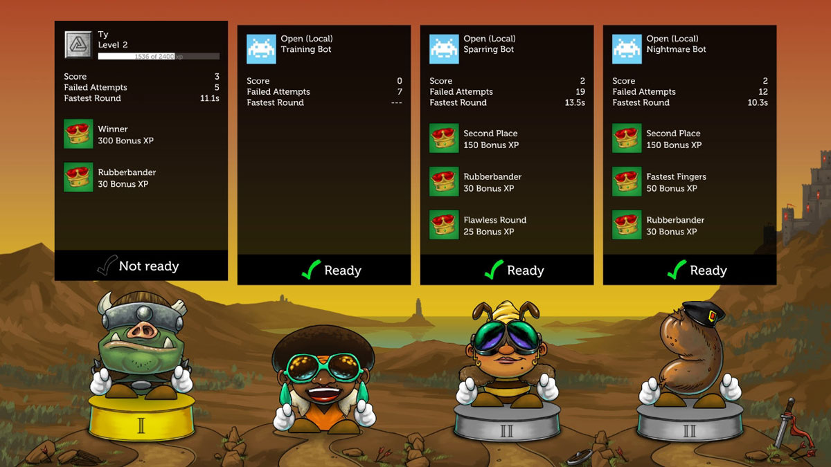 Tumblestone screenshot showing four players with their stats
