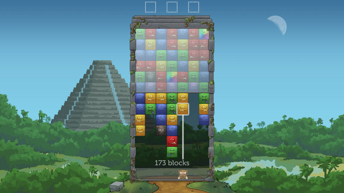 Tumblestone screenshot showing a single lane of play with an aztec temple background