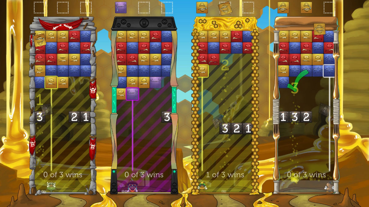 Tumblestone screenshot showing four lanes of play on a molten lava rock area background