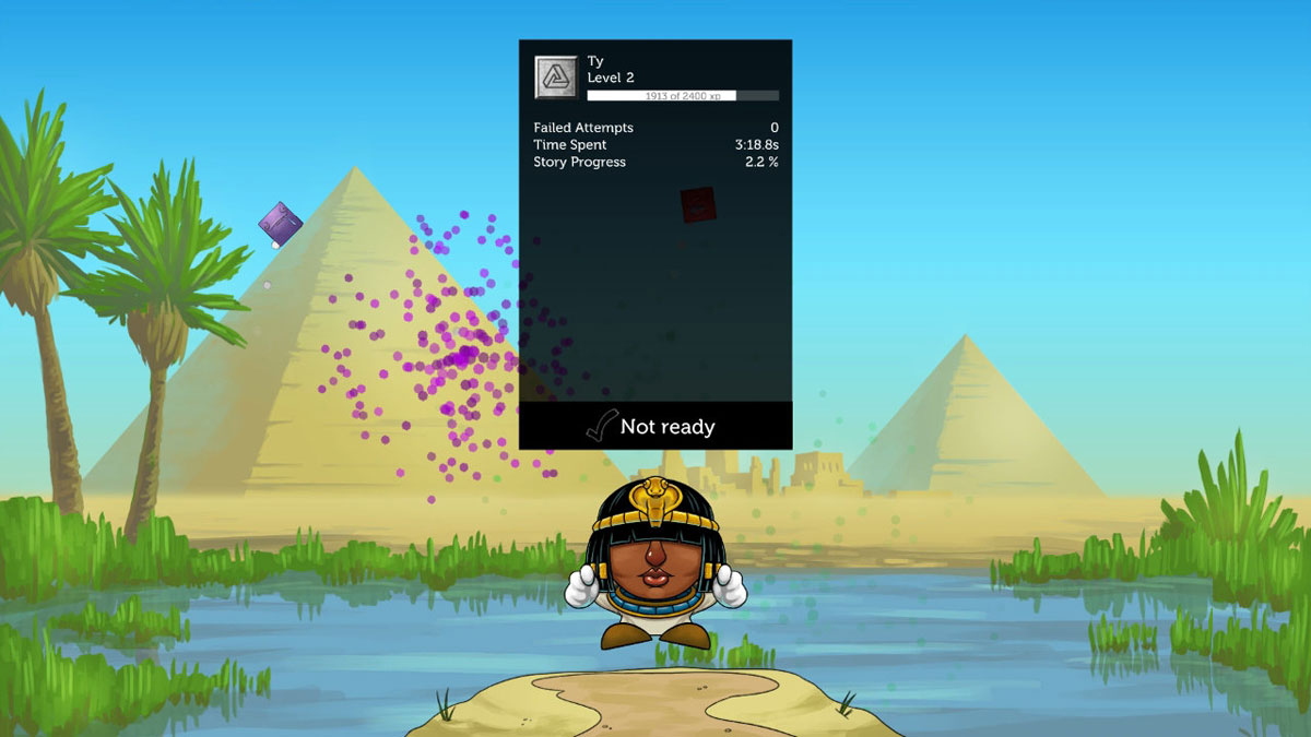 Tumblestone screenshot showing a single player with egyptian garb, their player screen and a pyramid landscape background