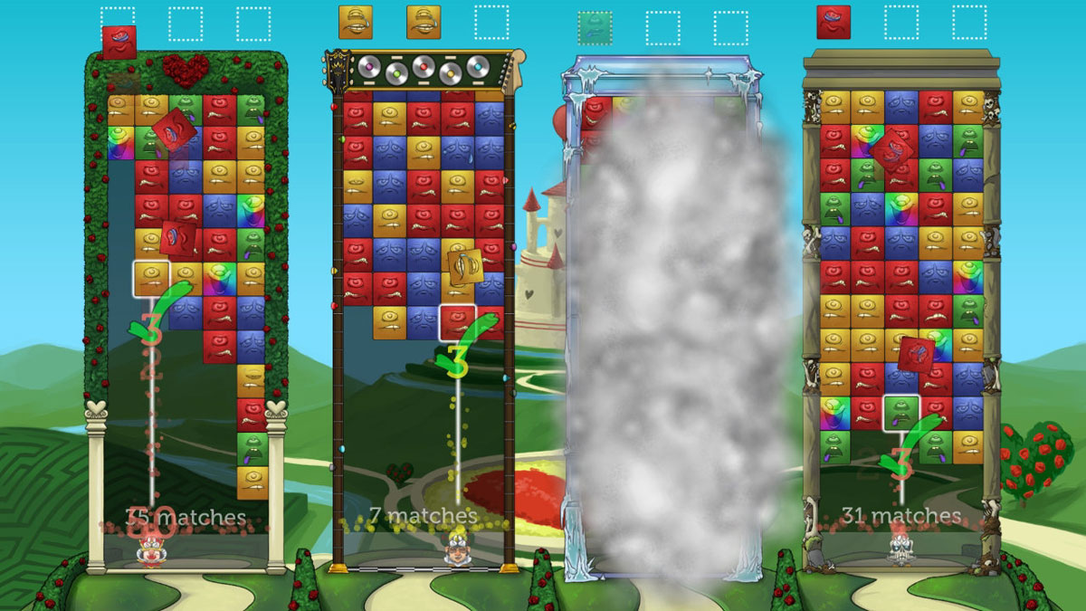 Tumblestone screenshot showing four lanes of play, one is clouded out, the kingdom of hearts is in the background