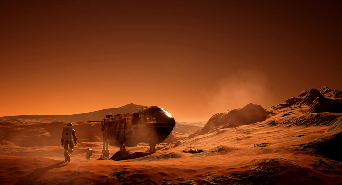 Red Desert Planet with a Spaceship and Astronaut Walking Toward the Ship