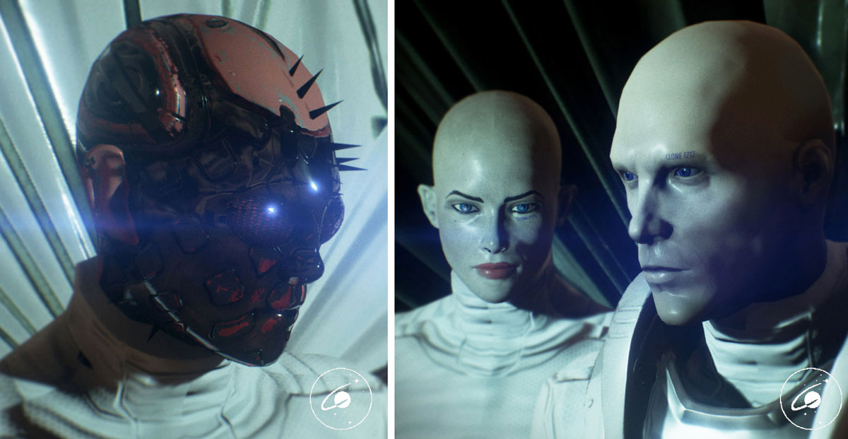 Examples of three cloned crewmembers. One has black and red skin with protruding spikes while th eother two are completely bald and look more artificial