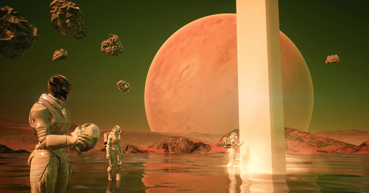 Three astronauts in shallow water examining a tall white pillar. A Planet resides in the background's sky