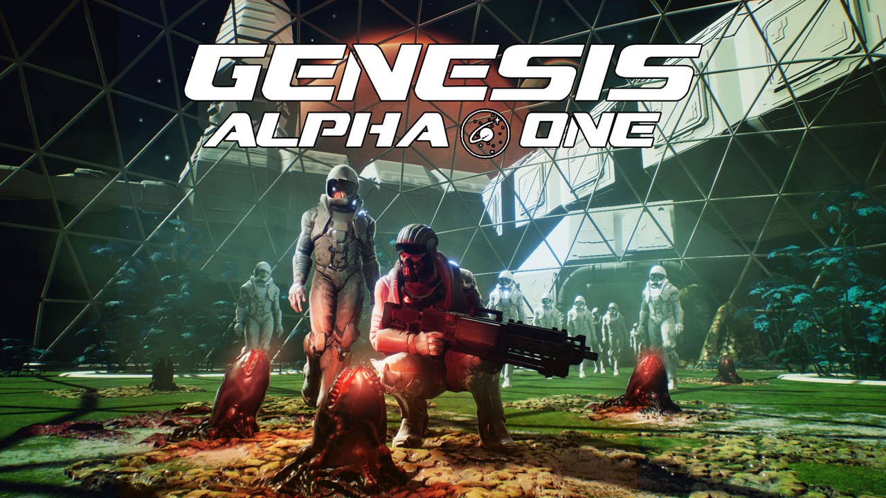 Genesis Alpha One Main Banner Showing Space Marine Astronauts Checking Out Alien Eggs within a Biodome