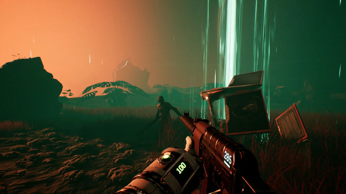 FPS perspective showing the player about to shoot an alien humanoid