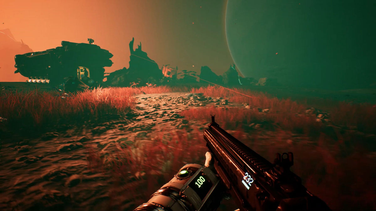 The player with their weapon drawn as they travel back to their ship on a planet
