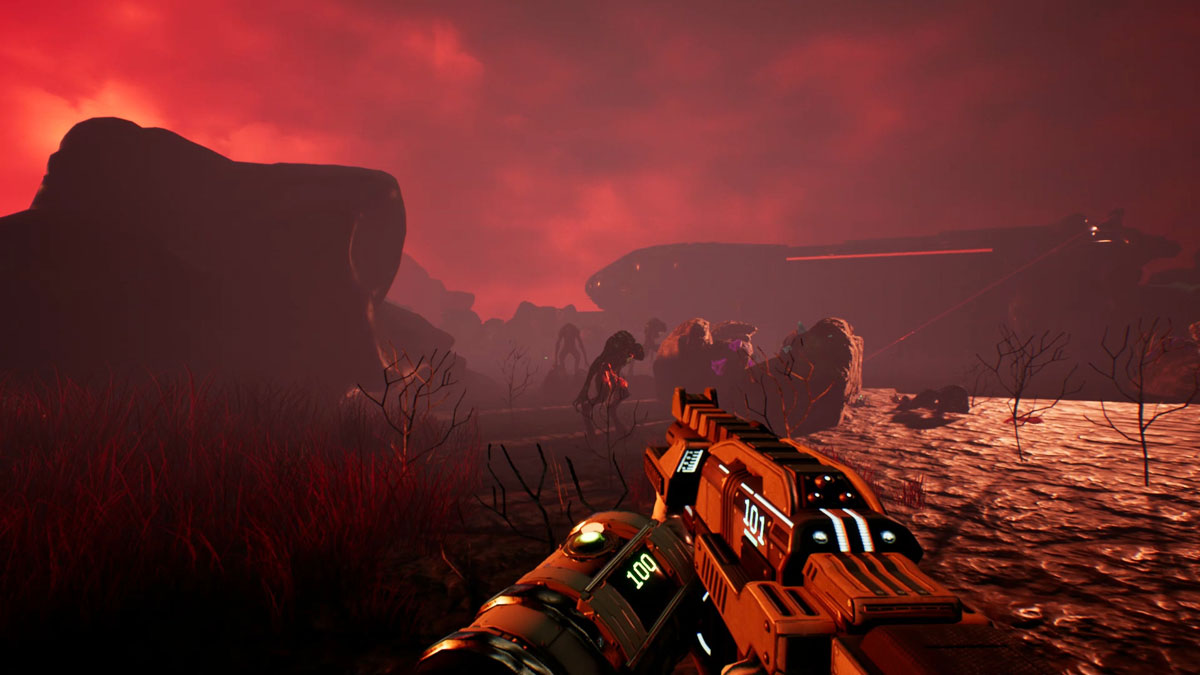 The player with a gun approaching alien lifeforms on a red planet