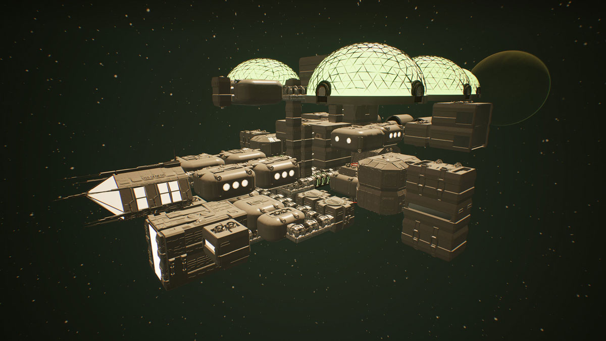A large space station with multiple biodomes