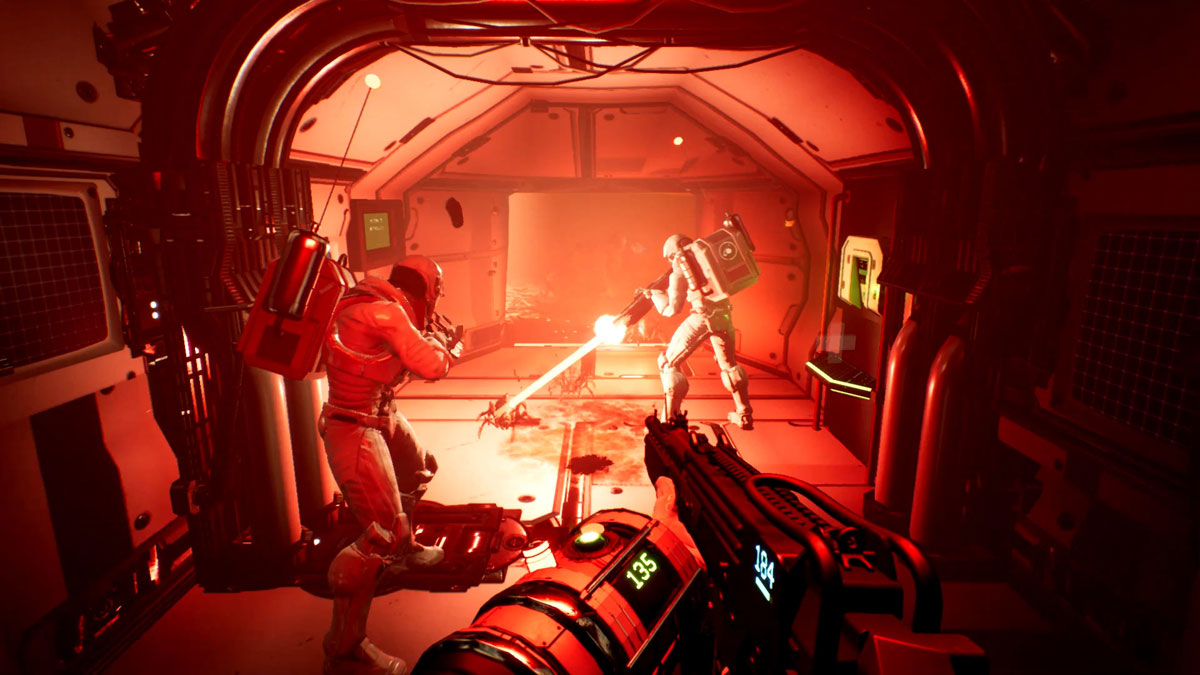 The player in FPS killing small alien lifeforms on-board their ship