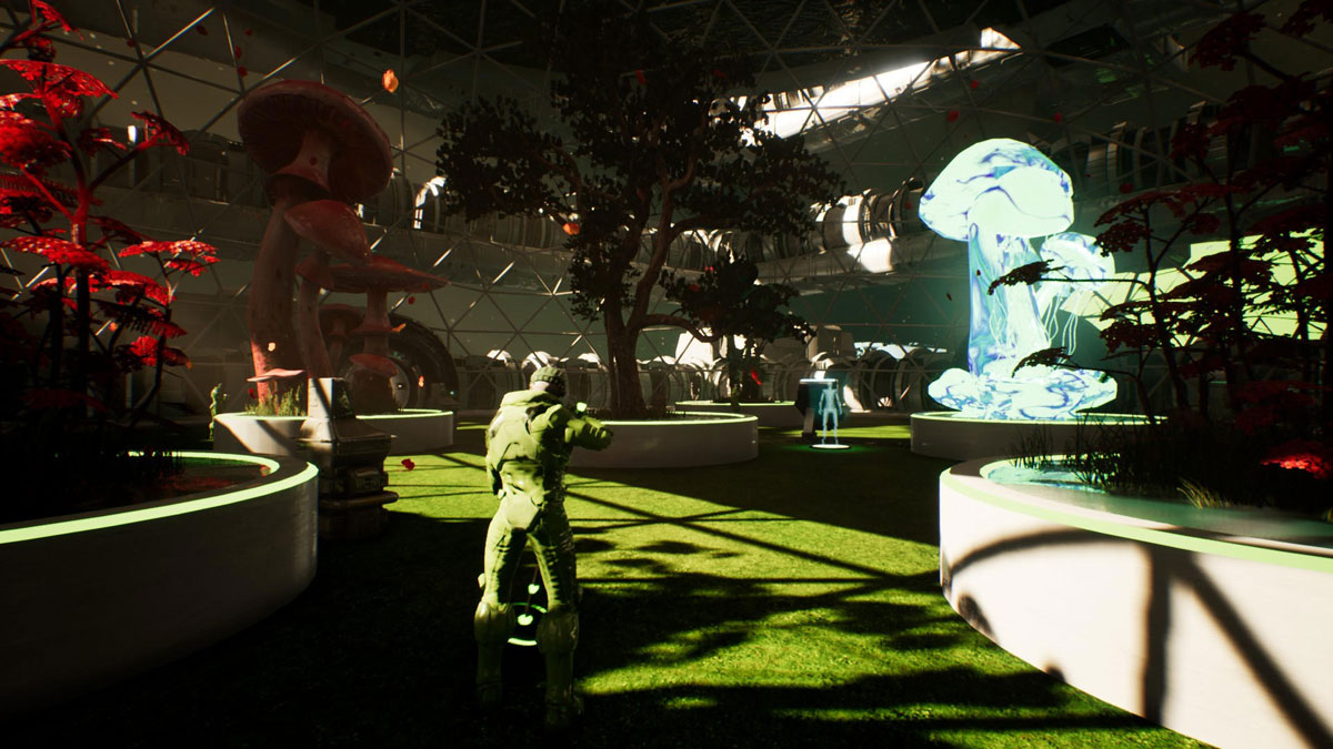 3rd person perspective of the player in a ship's biodome