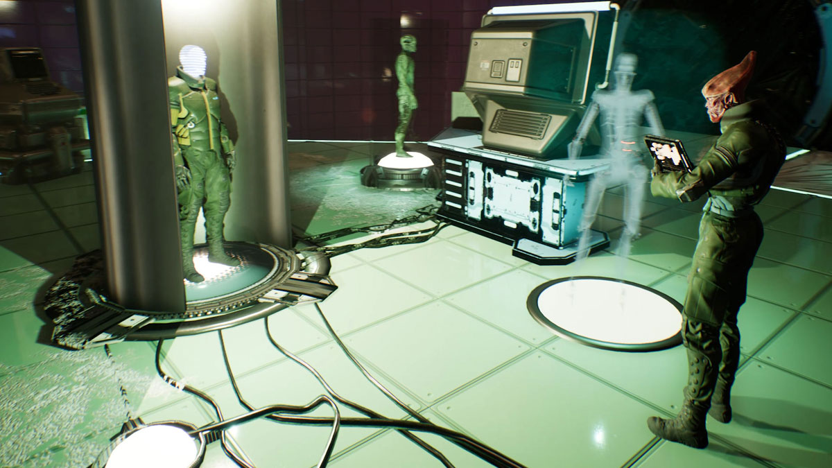 An alien lifeform working creating a clone in a lab