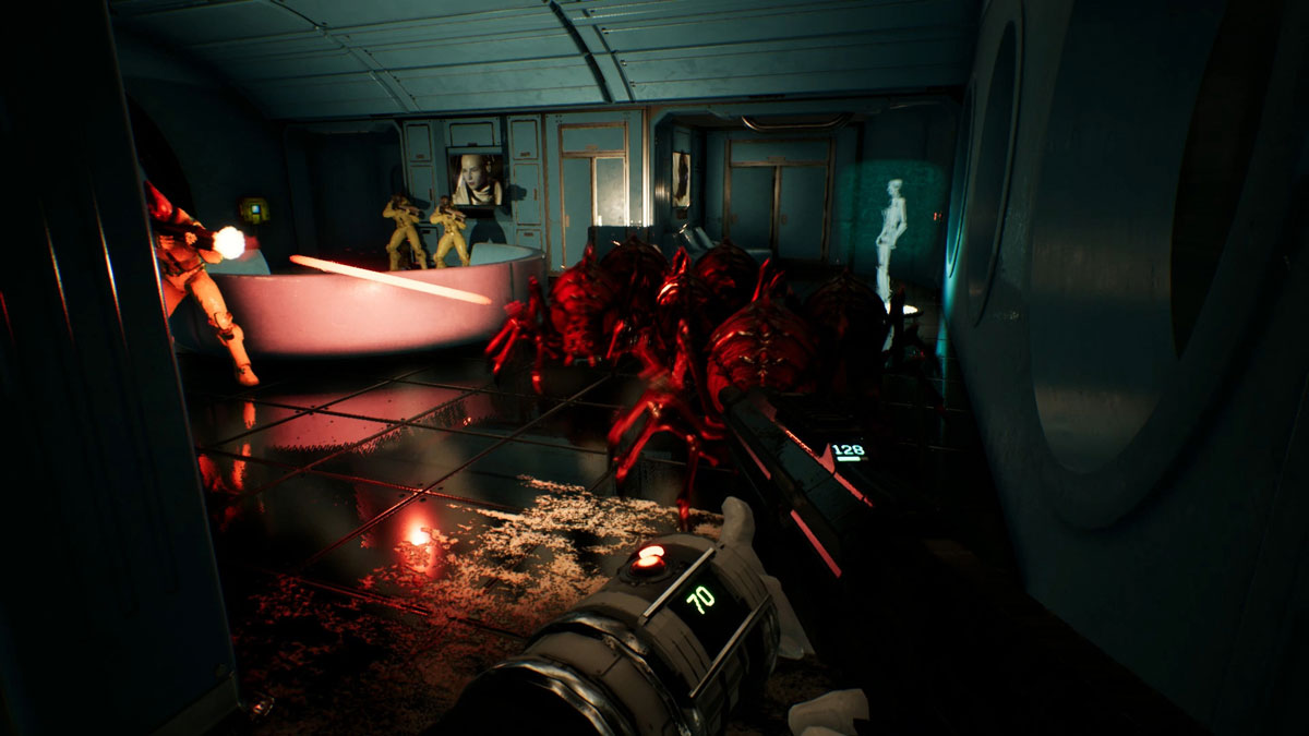 The player getting ready to shoot large invading alien arachnids