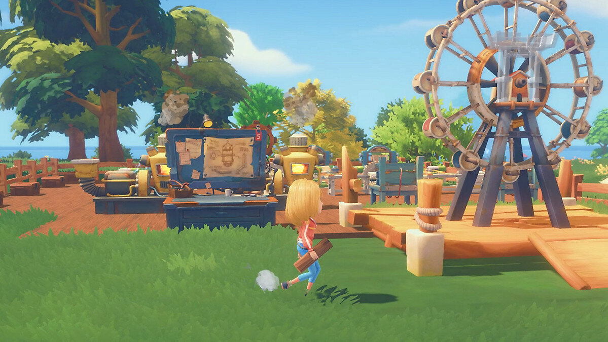 My Time At Portia Screenshot Showing the Main Female Character Approaching a Hand-built Ferris Wheel