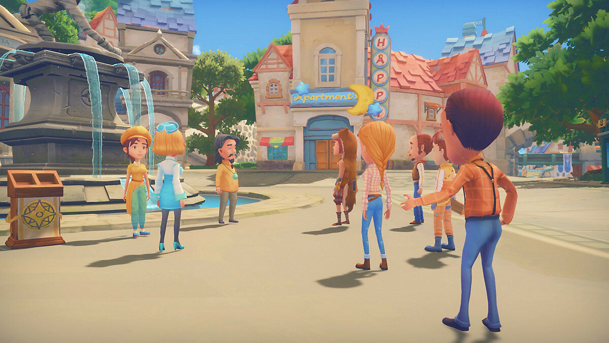 My Time At Portia Screenshot Showing The Main Female Character at an Outdoor Town Meeting