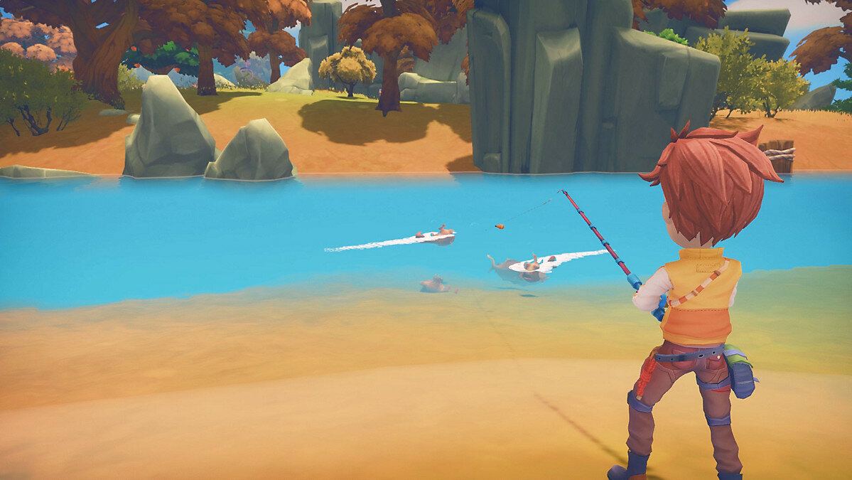 My Time At Portia Screenshot Showing the Male Main Character Fishing at a Stream