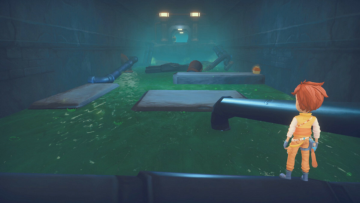 My Time At Portia Screenshot Showing the main male character approaching a platforming puzzle in an underground sewer