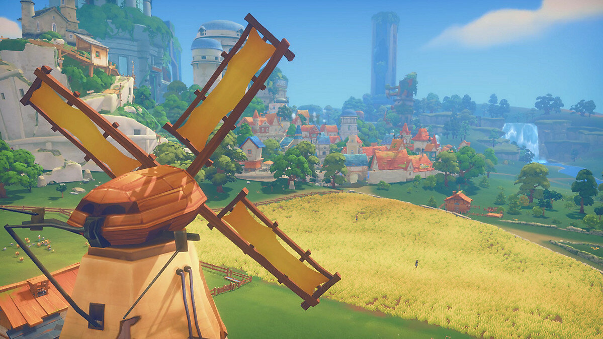 My Time At Portia Screenshot Showing a windmill in front of a town and castle in the distance