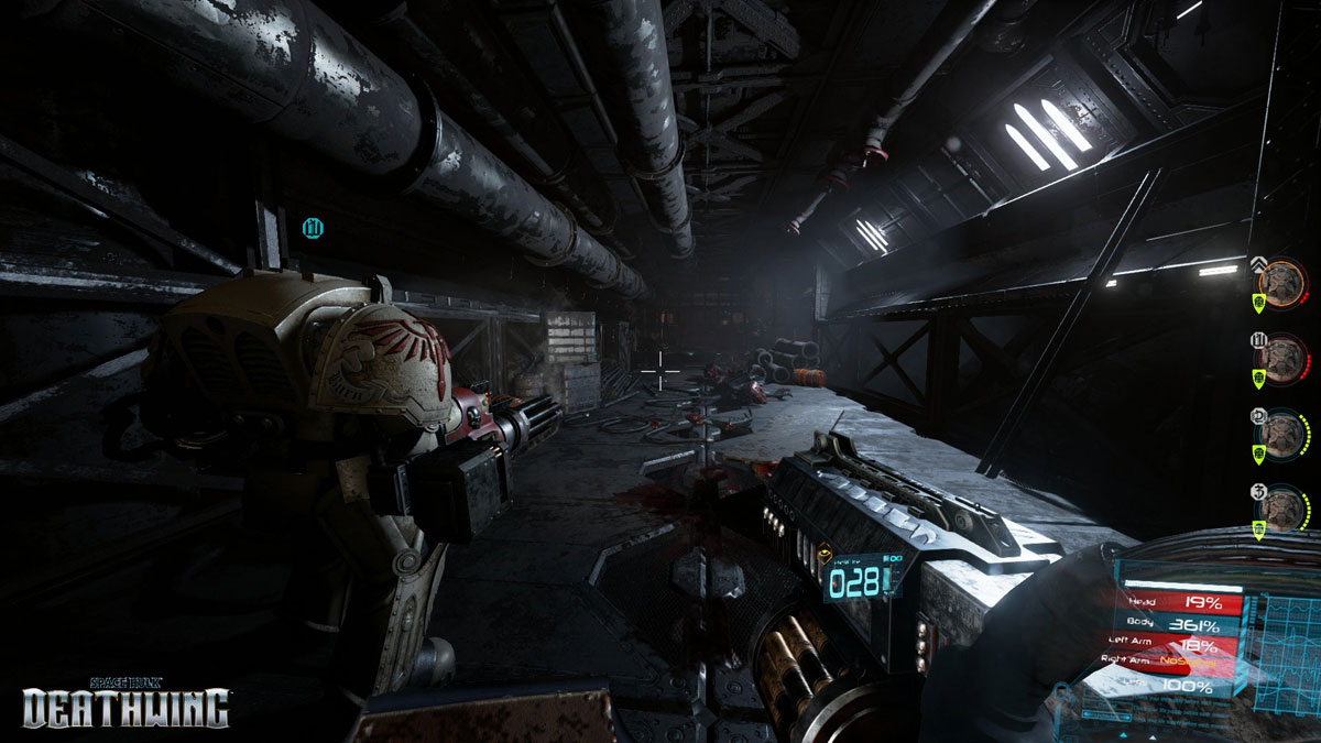 Space Hulk: Deathwing First-Person Shooting Perspective in an Industrial Hallway