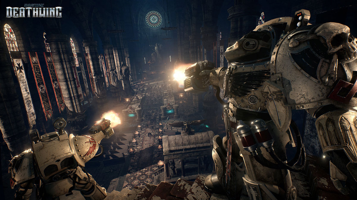 Space Hulk: Deathwing Two Terminators Shooting Enemies in a Church