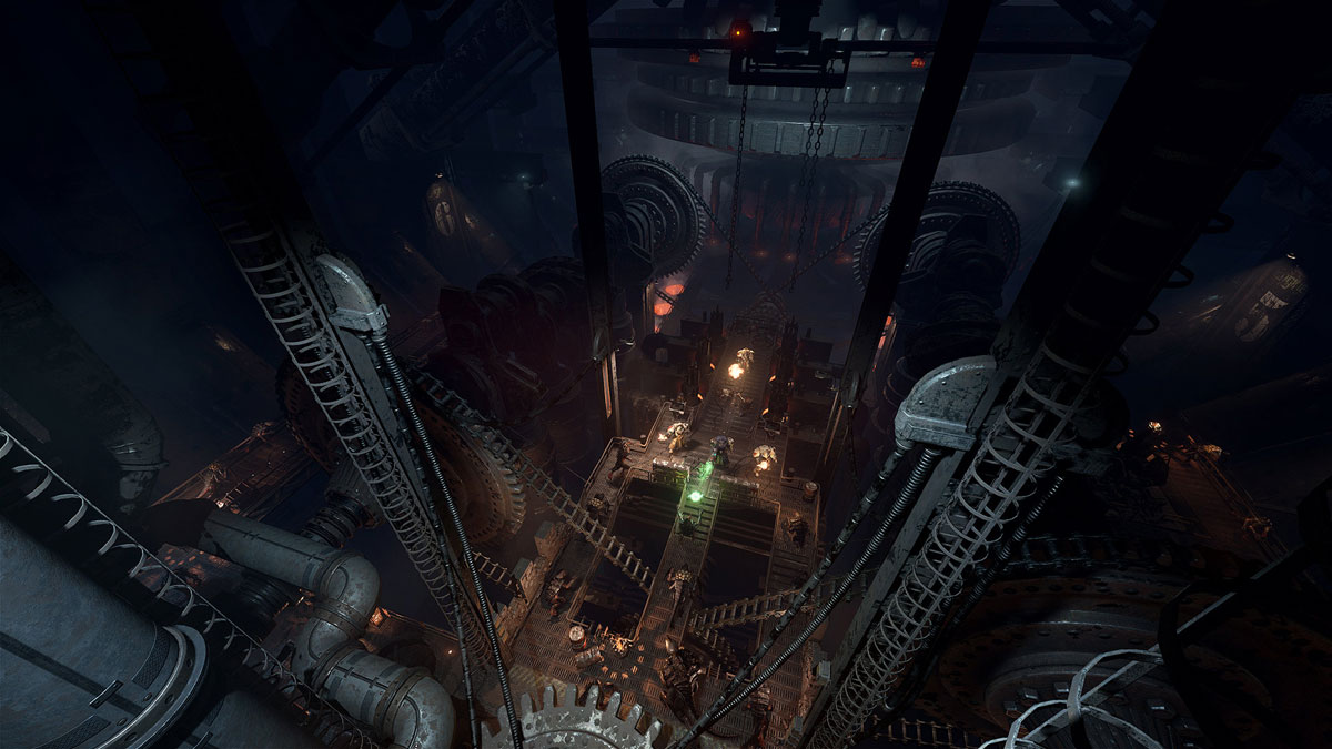 Space Hulk: Deathwing Bird's Eye View of A High-Rise Industrial Setting Where a Battle Takes Place Below