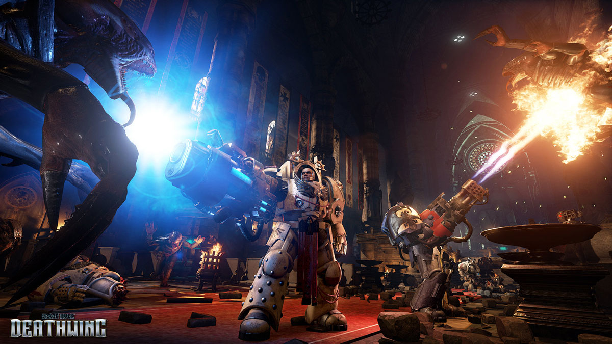 Space Hulk: Deathwing Close-up of Space Marines Blasting Alien Foes within the Church