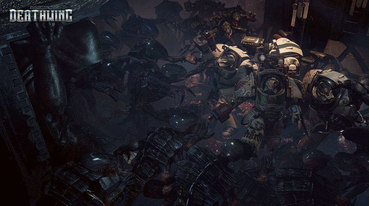 Space Hulk: Deathwing Aliens Completely Surrounding Four Space Marines