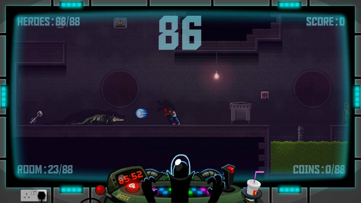88 Heroes Screenshot Showing the main character controlling a character that's attacking an alligator in a sewer with a blue energy blast