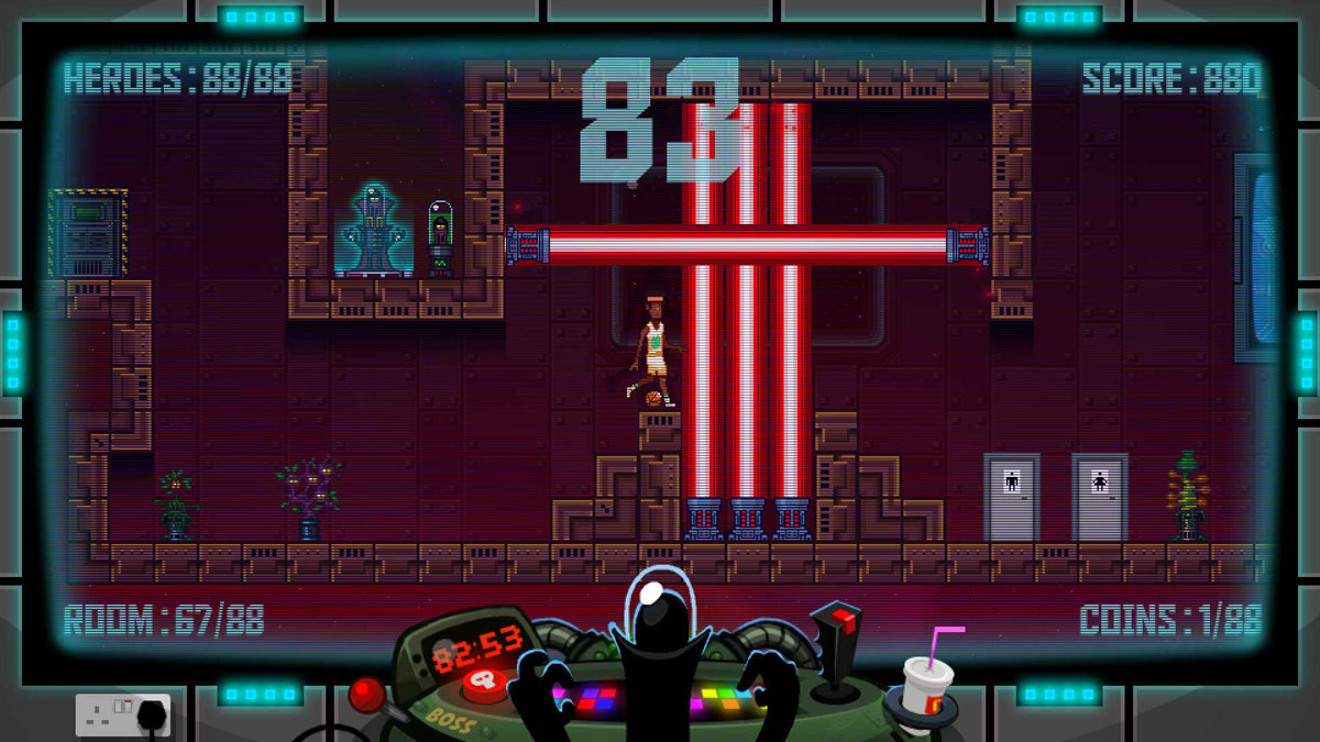 88 Heroes Screenshot Showing the main character controlling a hero that is a basketball player approaching lasers