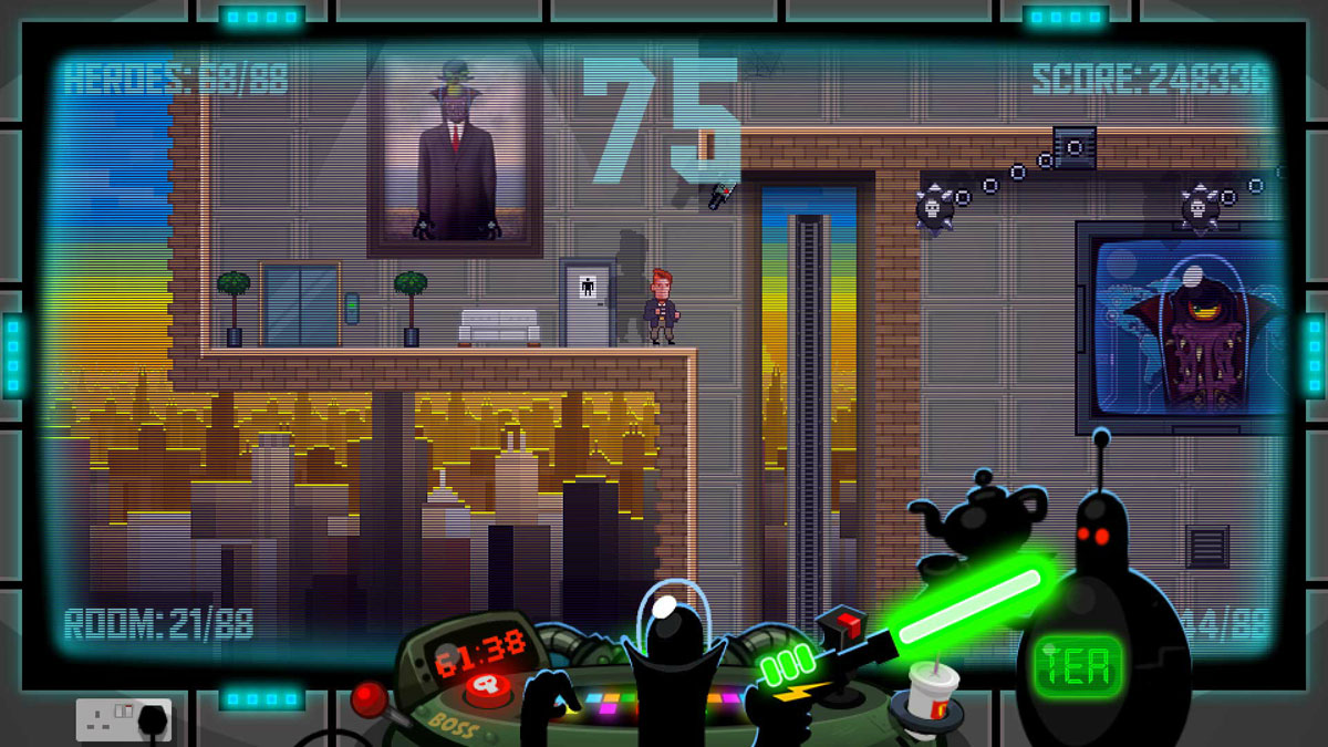 88 Heroes Screenshot Showing the main character controlling a man in a city skyscraper level
