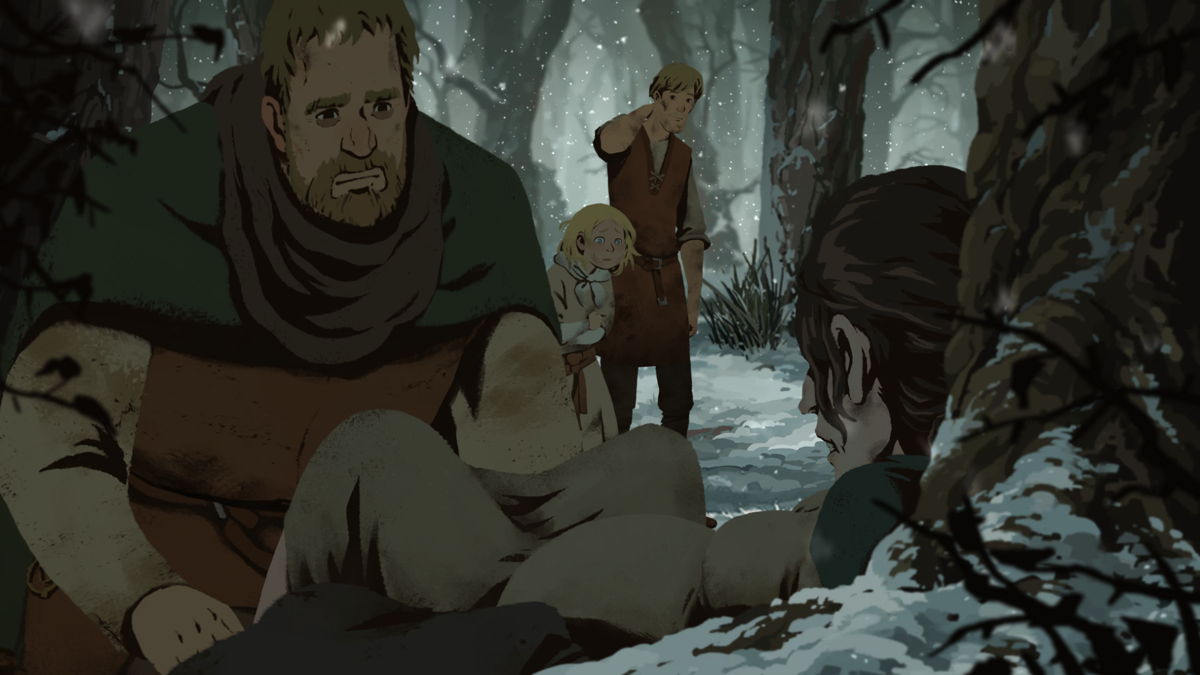 A woman giving birth outside in snowy woods as her husband and two other children look on