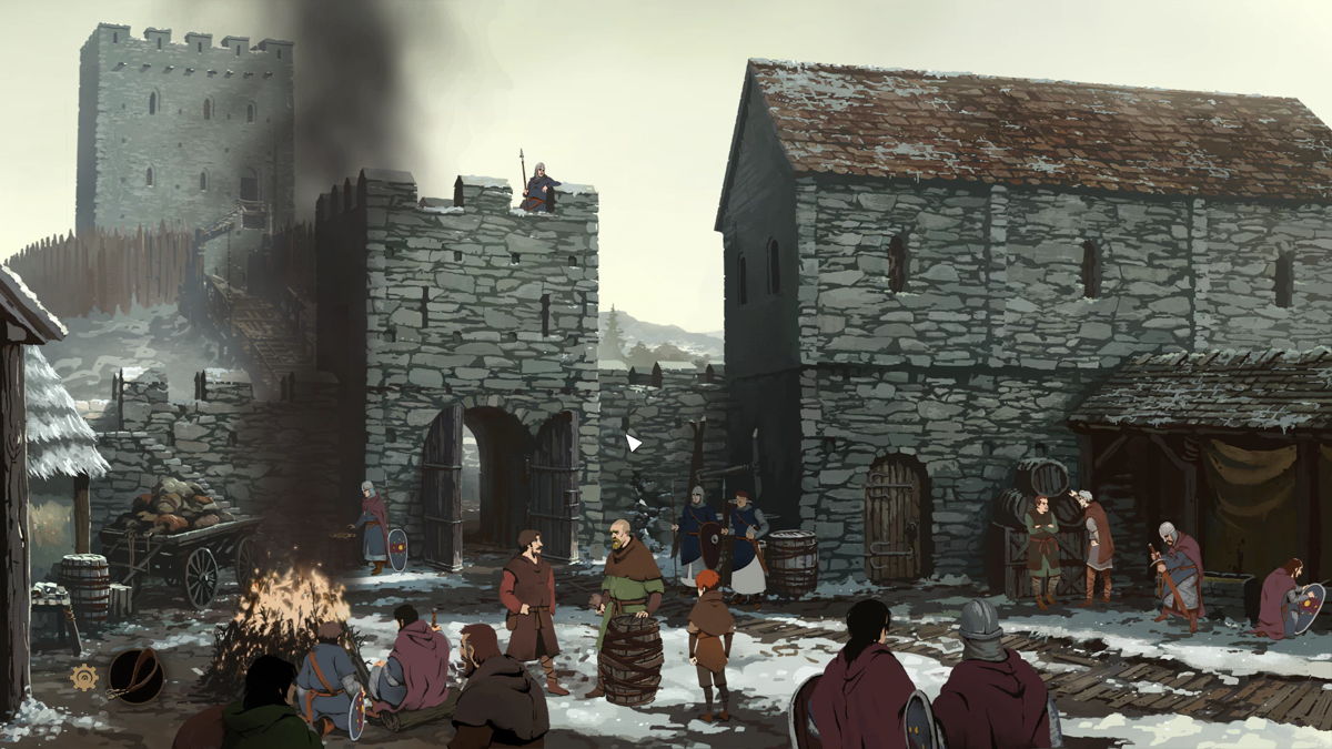Townspeople going about their day in a snowy inside of a walled town