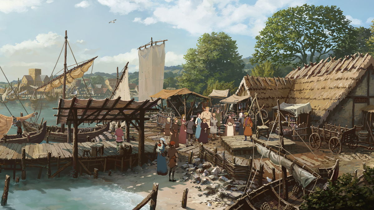 Philip and townspeople next to a dock with a shop and sail boats