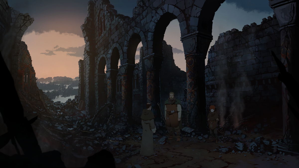 The monk having a discussion next to a ruined brick structure