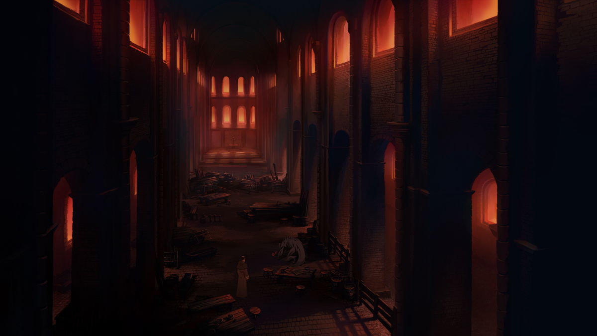 A pillaged brick building with red ominous lighting